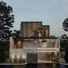 an artist's rendering of the exterior of a modern house with trees and birds flying overhead