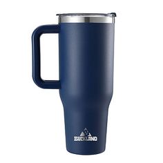 thermos travel mug with handle is blue and has an emblem on the side