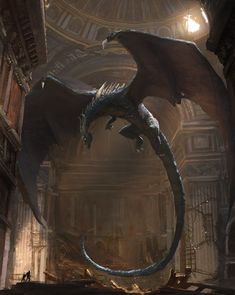 a large dragon flying through the air next to a tall building in a dark city