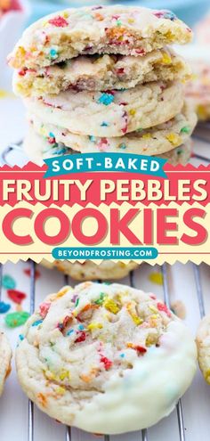 FRUITY PEBBLE COOKIES, christmas cookies, holiday baking list, easy desserts, sweet treats Cookie Recipes Fruity Pebbles, Different Kinds Of Cookies To Make, Cute Easy Bake Sale Ideas, Soft Top Cookies, Fruit Pebble Cookies, Fruity Pebbles Dessert Ideas, Best Summer Cookies, Coco Pebbles Cookies, Fruity Pebbles Dessert Recipes