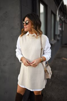 Sweater Vest Outfit Women, Collared Shirt Outfits, Shirt Dress Fall, Sweater Vest Outfit, Shirt Dress Outfit, Sweater Dress Outfit, Sleeveless Sweater Dress, Fall Dress Outfit, Looks Street Style