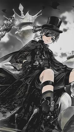 an anime character sitting on the ground with her legs crossed and wearing black clothing, holding a cane