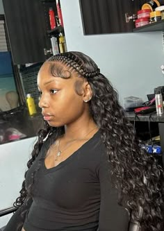 Braids At The Front Weave At The Back, Added Weave Hairstyles, New Back To School Hairstyles, Prom Ideas Hairstyles, Quick Weave With Braids On The Side, Two Braid Curly Wig, Sew In Two Braids, Cute Black Girls Hairstyles Braids Teens, Pretty Back To School Hairstyles