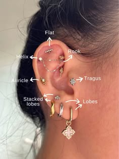 a woman's ear with different types of piercings