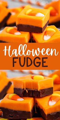 halloween fudge candy is stacked on top of each other, with the words overlaying it