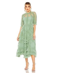 Cocktail Dresses Short Ruffled Tiered Cocktail Midi Dress Jade Midi Wedding Guest Dress, Ruffle Tiered Dress, Tulle Midi Dress, Plus Size Formal, Plus Size Formal Dresses, Brocade Dresses, Illusion Neckline, Midi Cocktail Dress, Mac Duggal