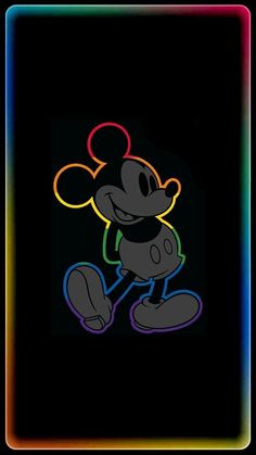 the mickey mouse neon sign is lit up in black and white with red, yellow, blue, green, purple, and orange colors