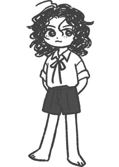 a black and white drawing of a girl with curly hair wearing a shirt and shorts