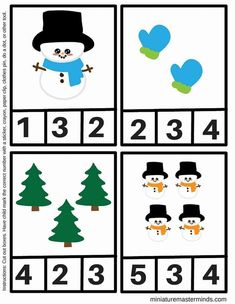 a snowman themed counting game for kids to practice number recognition with the numbers 1, 2, 3 and 4