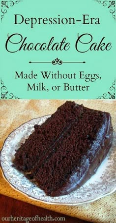 depression era choco cake pin rs Slice Of Cake, Egg Free Recipes, Desserts Vegan, Dairy Free Dessert, Think Food, Frugal Meals, Vegan Sweets, Chocolate Cake Recipe