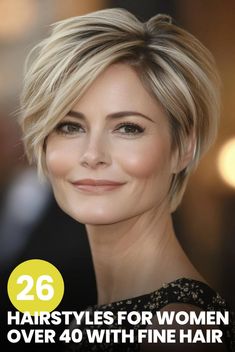 Click for More ➡️ | Save for Later ❤️  Discover 27 stunning hairstyles for women over 40 with fine hair! From chic pixie cuts to layered bobs, these trendy haircuts will add volume and style to your fine hair. Find your perfect look and stay on top of the latest trends with our comprehensive guide.  #Hairstyles #WomenOver40 #FineHair #HairTrends2024 #Haircuts #LayeredHair #PixieCut #BobHaircut #HairInspiration #BeautyTips Short Hair Ideas For Fine Hair, Bob For 40 Year Old, Long Pixie For Fine Hair, Short Bob For Fine Hair, Blonde Hair Inspiration Short, Short Bobs For Fine Hair, Short Haircuts For Fine Flat Hair, Short Hairstyle Women Black, Short Hairstyle Women Fine Hair