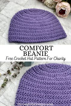 the crochet beanie is shown with text that reads,'free crochet hat pattern for charity '