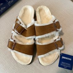 Arizona Fur Mink Birkenstocks In Color Cognac. New In Box And With Tags! Size 40 (Us Women’s 9, Men’s 7). This Size And Color Is Sold Out Online. Birkenstock Clogs With Fur, Patched Birkenstocks, Birkenstock Fur, Birkenstock Arizona Khaki, Brown Arizona Birkenstocks, Birkenstock Shoes, Birkenstock, Cognac, Arizona