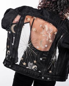 THE COSMIC JACKET (PREORDER) – Dragon Denim Painted Jacket, Lace Jacket, Penteado Cabelo Curto, Lace Fashion, Colored Denim, Cool Clothes, Lace Design, Character Outfits, Gold Stars