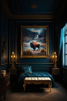 American Bison at Yellowstone wall art painting inside Dark Academia Bedroom with Gold and Blue Aesthetic decor Navy Blue And Gold Office Ideas, Prussian Blue Bedroom Ideas, Dark Blue Academia Bedroom, Rich Blue Bedroom, Navy And Gold Interior, Blue Dark Academia Room, Romantic Blue Bedroom, Dark Blue Closet, Blue Navy Bedroom