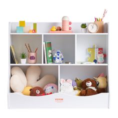 a white shelf filled with stuffed animals and other stuff animal items on top of it