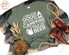 Campfire Beer Shirt, I Tried To Be Good T-shirt, Camping Quote Shirt, Bonfire Shirt, Camping Gift, Beer Lover Gift, Outdoor Adventure Shirt HOW TO ORDER 1-) Please, check and review all the photos. 2-) Choose your t-shirt size and color. *Different styles of shirts may have different shades of the same color choice due to different manufacturer brands. *For this reason, we recommend matching shirts from the same styles if you want precisely matching colors (ex. Unisex, V-necks, Toddler, etc.). 3 Fall Camping T-shirt With Letter Print, Camping Shirts Funny, Camping Quotes, Gifts For Beer Lovers, Adventure Shirt, Quote Shirt, Matching Colors, Beer Shirts, Camping Gifts