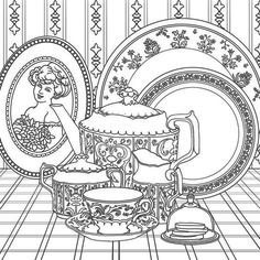 a black and white drawing of a tea set with plates on the table next to it