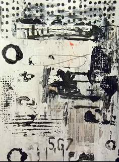 an abstract painting with black and white paint on it's paper, including circles