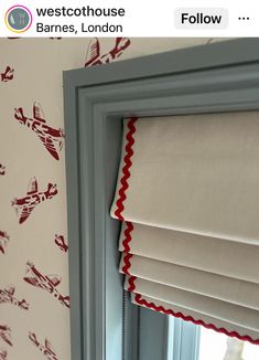 Scallop Window Trim, Roman Blinds Nursery, Curtain Trimmings, Nursery Blinds, Roman Blinds Bedroom, White Roman Blinds, Boys Room Curtains, Nursery Projects, Blue And White Curtains