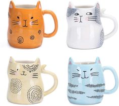 four different colored cats mugs with faces on each one's face and ears