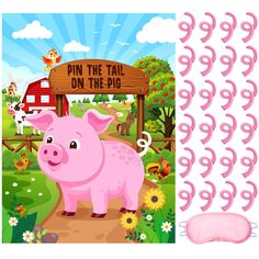 a pink pig is standing in front of a sign with sunflowers and other farm animals