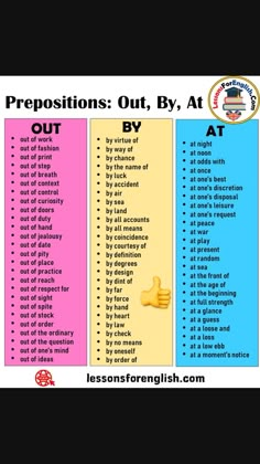 prepositions out, by, at