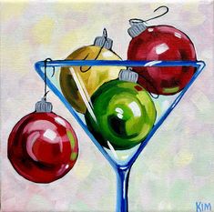 "AN ORNAMEN-TINI ! A perfect ornamentini is highlighted in this colorful painting. It is the perfect size for a bar area, small wall space, or for setting on a shelf among your favorite Christmas knick-knacks. Do you know someone who loves a good martini? An original piece of art always makes a unique and one-of-a-kind gift. This is an original PAINTING and not a print. I used acrylic paints on an 8\" x 8\" canvas and the 5/8\" canvas sides are painted so it can be propped on a shelf or hung without a frame. The back of the painting is signed by the artist (me name of the painting, year (2023), and medium used (Acrylics). The final painting was finished with professional, clear, gloss varnish for protection and enhancement.  The painting was photographed in natural light to represent the p Holiday Paint And Sip Ideas Step By Step, Art And Wine Painting Ideas, Ornament Painting On Canvas, Christmas Painting Inspiration, Holiday Paint And Sip Ideas, Christmas Art Acrylic, Paint Night Ideas Christmas, Paint And Sip Ideas Christmas, Xmas Paintings On Canvas Easy