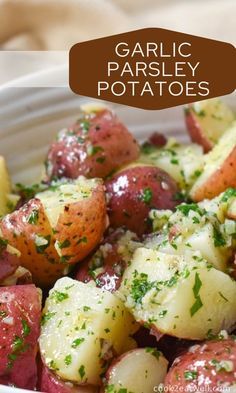 garlic parsley potatoes in a white bowl