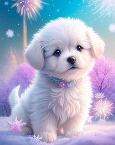 a small white dog sitting in the snow with fireworks behind it's back paws