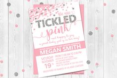 We are tickled pink baby shower invitation, Confetti baby shower invitation, Tickled pink invitation, Pink and silver Silver and pink shower by WolcottDesigns on Etsy Pink Invitation, Pink Showers, Pink Baby Shower Invitations, Invitation Pink, Be First, Pink Invitations, Pink And Silver, Pink Baby Shower, Tickled Pink