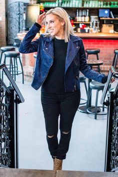 Blue Moto Jacket Outfit, Blue Suede Jacket Outfit, Blue Leather Jacket Outfit, Suede Moto Jacket Outfit, Doja Cat Concert, Fall 2022 Outfits, Suede Jacket Outfit, Navy Leather Jacket, Moto Jacket Outfit