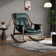 a rocking chair in the corner of a living room with a rug on the floor