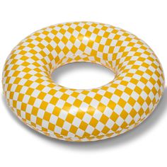 an inflatable yellow and white checkerboard pool ring on a white background