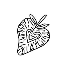 a black and white drawing of a heart shaped carrot with leaves on it's side