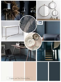 a collage of different shades of blue, grey and white with the words copper and teal homestyle