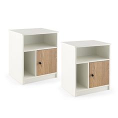 two white shelves with wooden drawers on each side, one is open and the other is closed