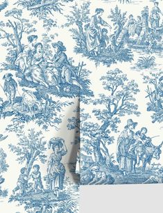 a blue and white toiler wallpaper with people in the woods on it