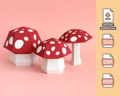 three red mushrooms with white dots are on a pink background and there is an additional image below