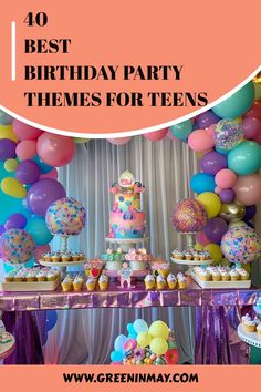 a birthday party with balloons, cake and cupcakes