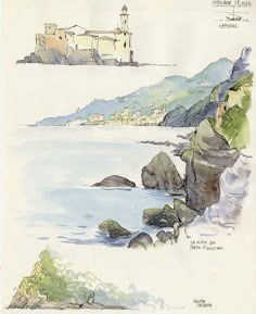 an image of a drawing of a castle by the water