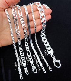 Solid Italian 925 Silver thick chains  Stamped 925, Italy SOLID 925 Silver - NOT Hollow! These high-quality solid Sterling silver chains are made in Italy  with the finest top quality sterling silver that will last a lifetime with proper care. Sterling silver will not wear down like silver plating does. No allergy metals are used.  Chains are finished with a 925 Lobster Clasp 15mm Curb chains are finished with lobster claw clasp. Clasps are included in the total length. Curb Chains Width:  9.3 m Silver Chain For Men, Herringbone Necklace, Gold Bangles Design, Sterling Silver Chain Necklace, Silver Chains, Figaro Chain, Bangle Designs, Mens Accessories Fashion, Curb Chain