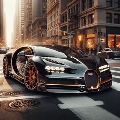 a bugatti on the street with buildings in the background