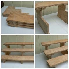 four different angles of a bench made out of plywood planks and wood boards