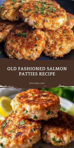 some crab cakes are stacked on top of each other with lemon wedges and parsley