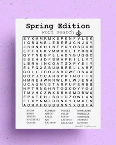 the word search for spring is displayed on a purple background