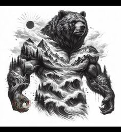 a bear with mountains and trees on it's chest is shown in black and white