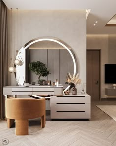 a modern dressing room with an oval mirror