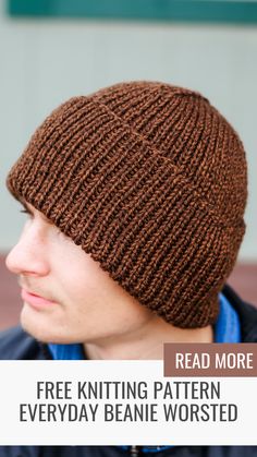 a man wearing a knitted beanie hat with text reading read more free knitting pattern everyday beanie worsted