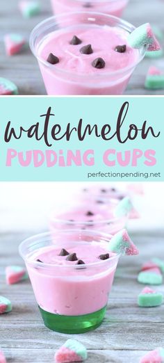 watermelon pudding cups with chocolate chips on top